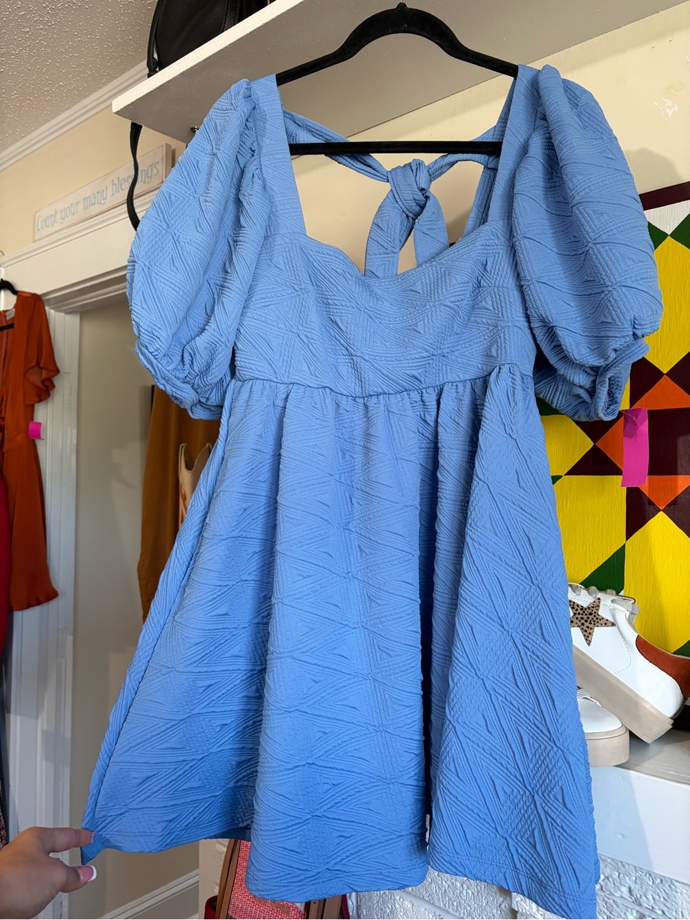 Free People Blue Puff-Sleeve Mini Dress with Back Tie